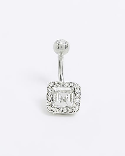 Silver Square Diamante Belly Bar