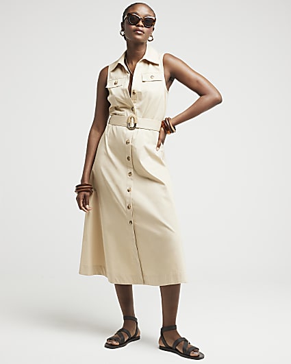 Beige Belted Sleeveless Midi Shirt Dress