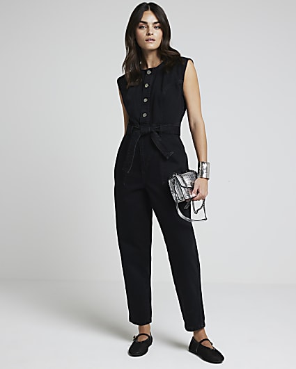 Black denim belted button up jumpsuit