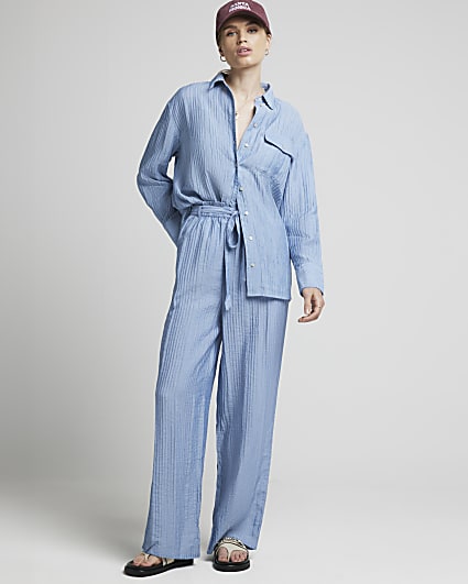 Blue textured wide leg trousers