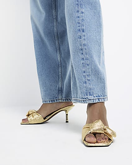 Gold ruched bow heeled mule sandals