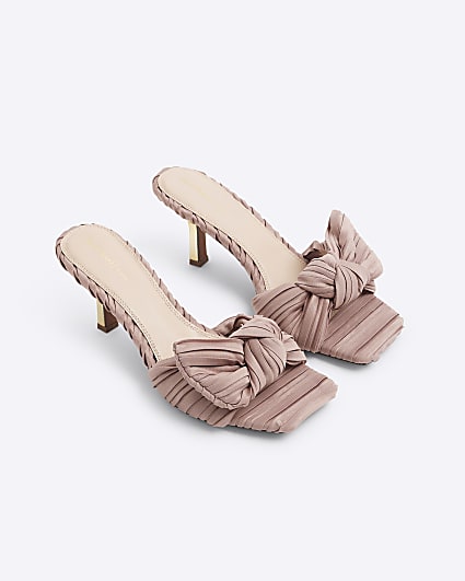 Pink ruched bow mule heeled sandals