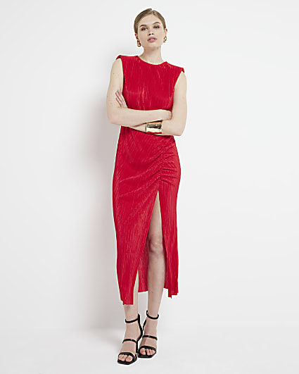 Red plisse ruched side bodycon midi dress