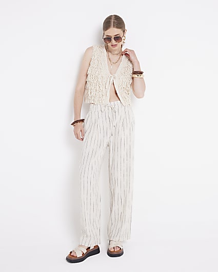 Beige linen blend stripe wide leg trousers