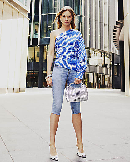 Blue stripe one shoulder top