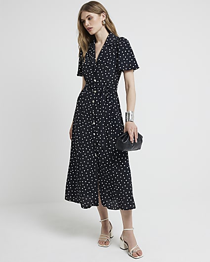 Black spot belted midi shirt dress