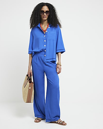 Blue Crochet Trim Wide Leg Trousers