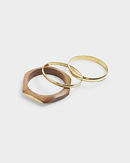 Brown wood and gold bangle bracelet multipack