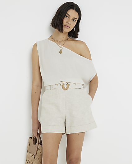 Beige linen blend belted shorts