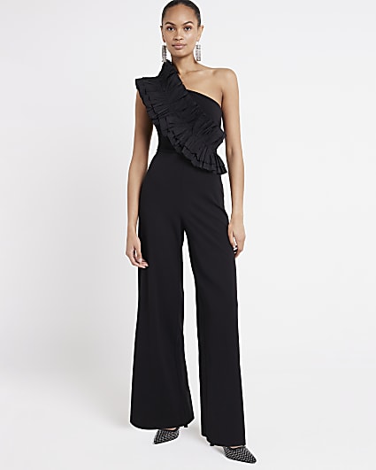 Black frill one shoulder jumpsuit