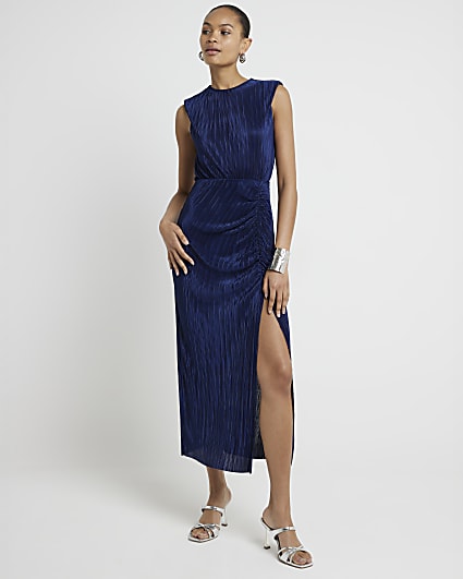 Navy plisse ruched side bodycon midi dress