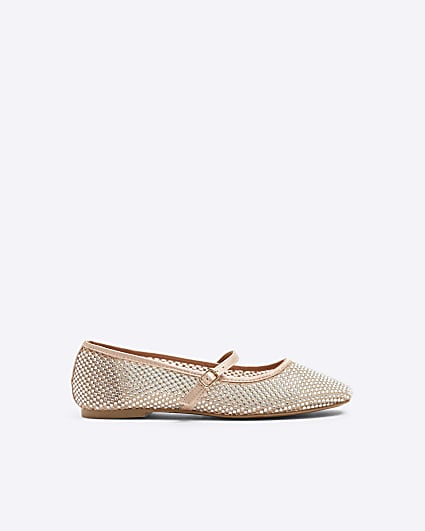 Beige mesh mary jane ballet pumps