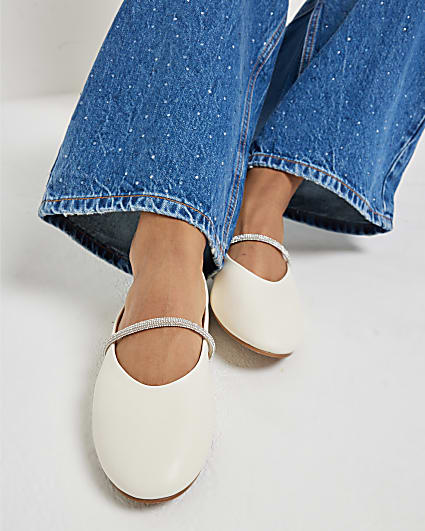 White Embellished Strap Ballet Pumps