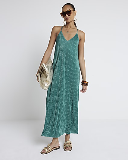 Green plisse metallic shift maxi dress