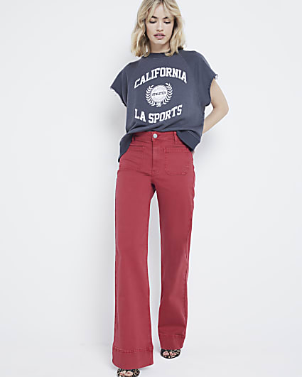 Red high waisted slim straight jeans