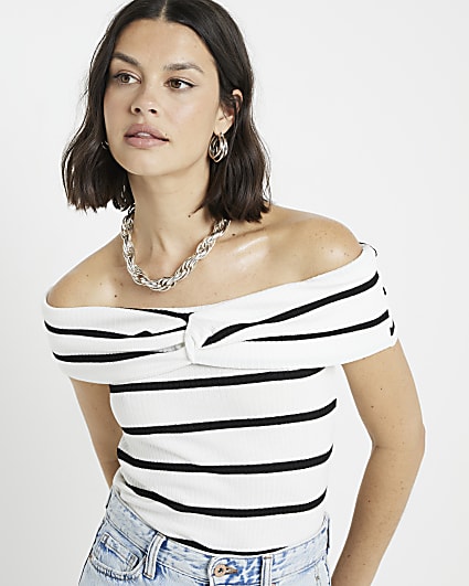 White Stripe Knot Front Bandeau Top