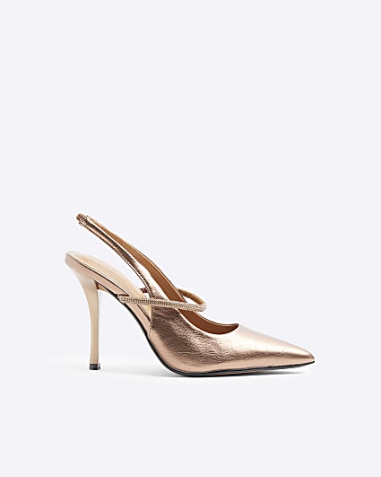 Bronze embellished sling back heeled shoes