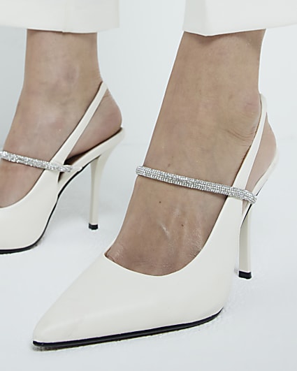 White embellished sling back heeled shoes