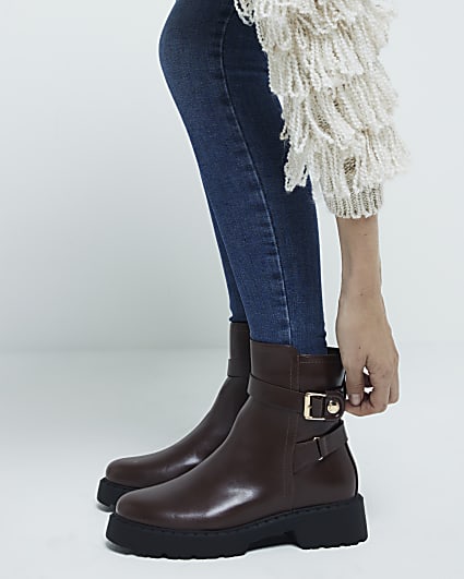 Brown buckle chunky ankle boots