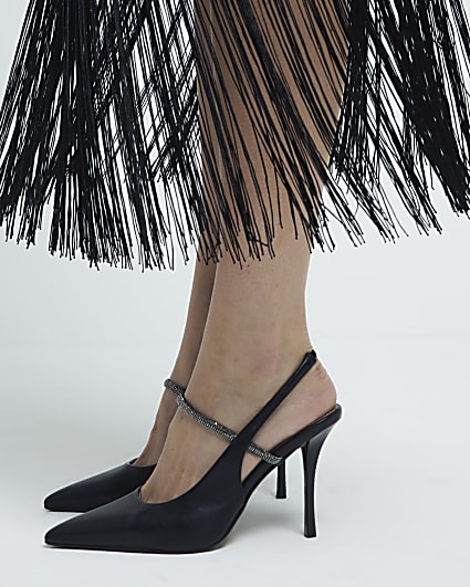 Black embellished sling back heeled shoes