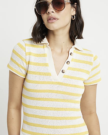 Yellow crochet stripe polo t-shirt