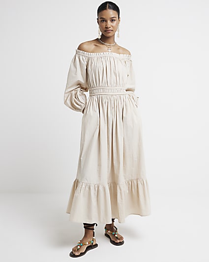 Beige ruched bardot swing midi dress