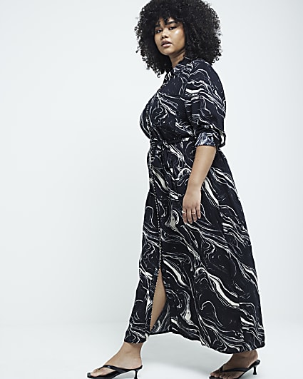 Plus black marble belted midi shirt dress