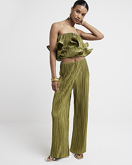 Khaki Plisse Wide Leg Trousers