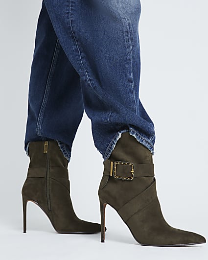 Khaki Woven Buckle Heeled Boot