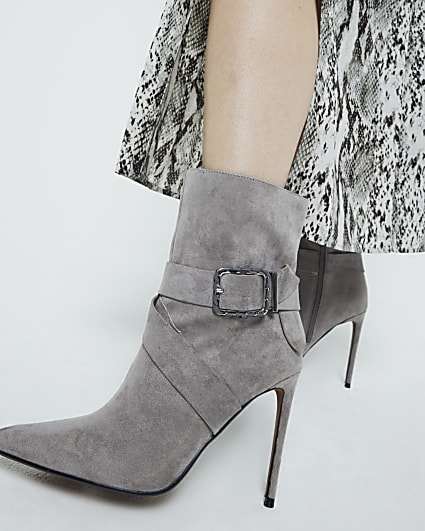 Grey Woven Buckle Heeled Boot