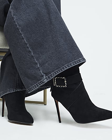 Black Woven Buckle Heeled Boot