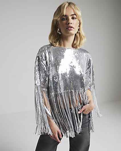 Silver sequin fringe cape top