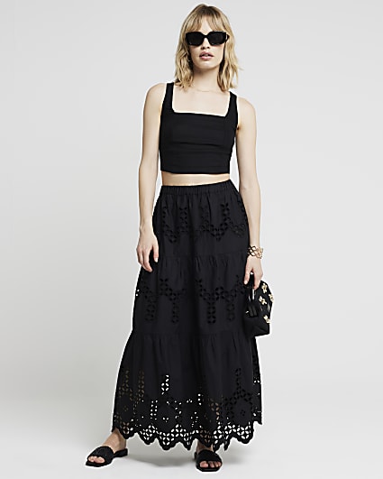 Black broderie maxi skirt