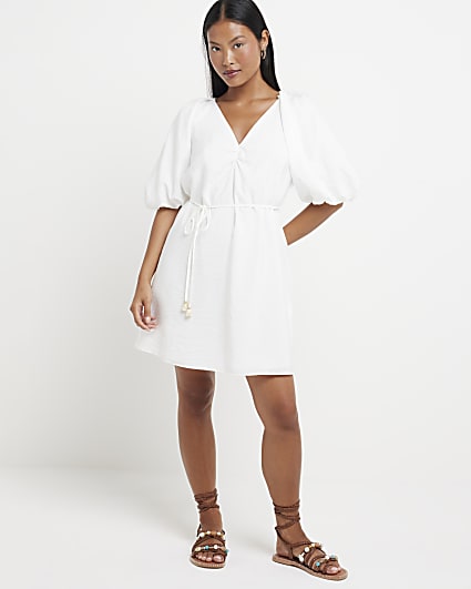 Petite White Puff Sleeve Swing Mini Dress