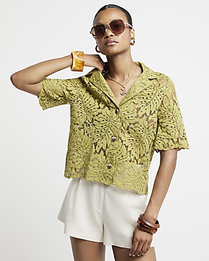 Green lace short sleeve shirt