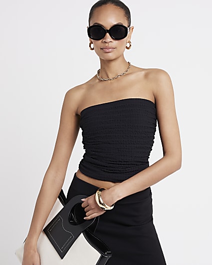 Black textured ruched tube top