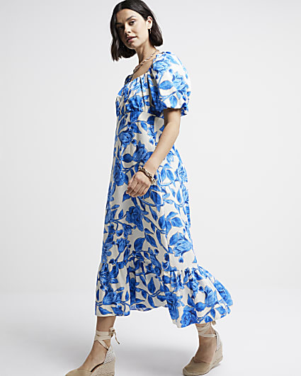 Blue floral puff sleeve swing midi dress