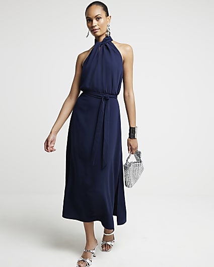 Navy halter twist midi dress