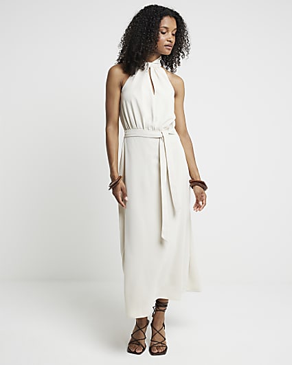 Cream belted halter neck bodycon midi dress