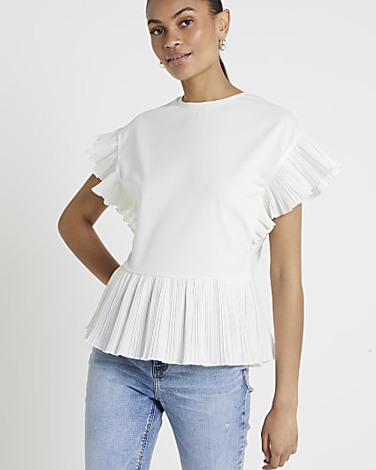 Cream Plisse Trim Frill T-Shirt