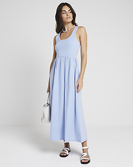 Blue Whipstitch Skater Midi Dress