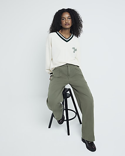 Khaki Wide Leg Twill Trousers