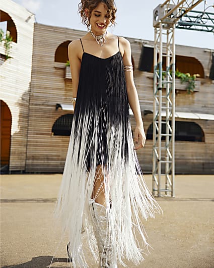 Black ombre fringe slip mini dress