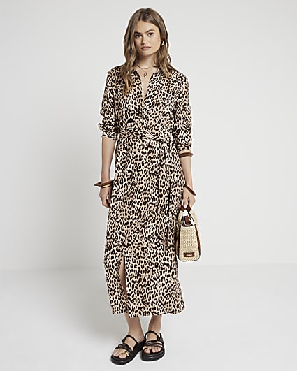 Beige leopard print belted midi shirt dress