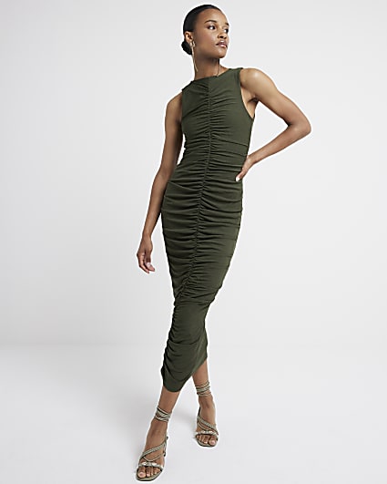 Khaki Ruched Mesh Midi Dress