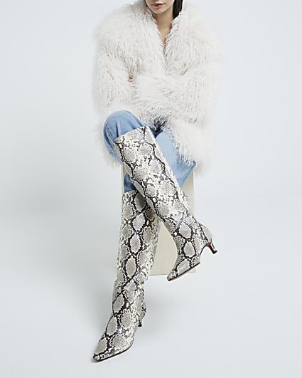 Beige Snake Print Knee High Kitten Heel Boots