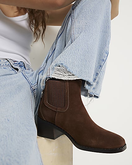 Brown suede block heeled ankle boots