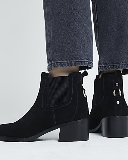 Black suede block heeled ankle boots