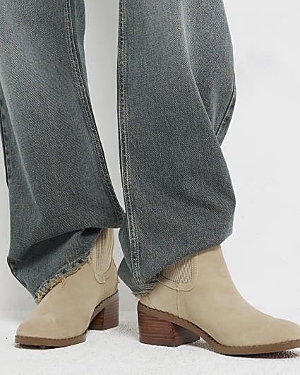 Beige suede block heeled ankle boots