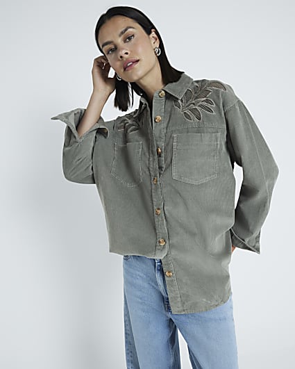 Khaki Loose Fit Corduroy Cutwork Shirt